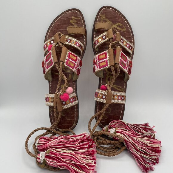 Sam Edelman Shoes - Sam Edelman Gretchen Boho Gladiator Tassel and Pompom Ankle Wrap Sandals